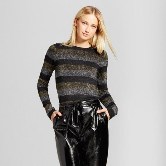 New WWW Metallic Stripe Crew Pullover Sweater [D2] - Picture 3 of 8